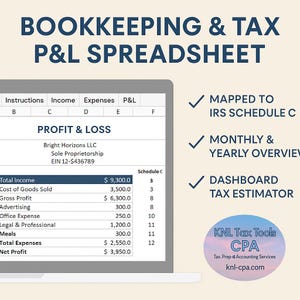 May include: A screenshot of a computer screen showing a spreadsheet for bookkeeping and tax. The spreadsheet is titled "Profit & Loss" and includes columns for income, expenses, and profit and loss. The spreadsheet is for Bright Horizons LLC, a sole proprietorship with an EIN of 12-436789. The spreadsheet includes a total income of $9,300.00, a cost of goods sold of $3,500.00, a gross profit of $6,300.00, and a net profit of $3,950.00. The spreadsheet also includes a section for expenses, including advertising, office expense, legal and professional fees, and meals. The spreadsheet is mapped to IRS Schedule C and includes a monthly and yearly overview, as well as a dashboard tax estimator. The image also includes a logo for KNL Tax Tools CPA, a tax preparation and accounting services company.