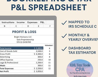 Tax and Bookkeeping Template | Profit & Loss Spreadsheet | Quarterly Estimate| Income Analysis | Receipt Tracking | CPA Approved