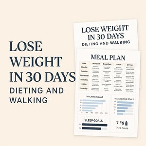 30 dagen plan voor gewichtsverlies, pdf | Dieet- en wandelgids voor beginners | Afdrukbaar maaltijdplan | Stapdoelen | Watertracker en slaapgrafiek