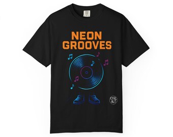 Neon Grooves Music T-Shirt, Unisex Garment-Dyed Tee, Vintage Music Lovers Shirt, Gifts for Musicians, Retro Style Clothing
