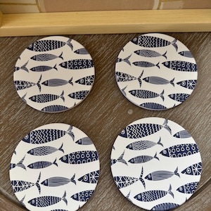 Nautical Ceramic Coasters: Blue and White Fish Pattern, Set of 4