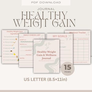 Puede incluir: Un diario digital titulado "Healthy Weight Gain & Wellness Journal" con 15 páginas. El diario incluye secciones para listas de verificación diarias, establecimiento de objetivos y seguimiento de entrenamientos. El diario es tamaño US Letter, 21,6 x 27,9 cm.