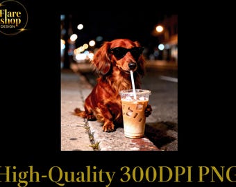 Funny Dachshund Drinking Iced Coffee Png, Animal Meme Graphic Png, Cool Dachshund Drinking Iced Coffee Print, Funny Dog Coffee Lover Digital