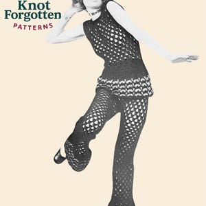 May include: Black and white crochet outfit, featuring a sleeveless top and flared pants. The outfit has a geometric openwork pattern. The image includes the text "Knot Forgotten Patterns" with a yarn ball and crochet hook logo.
