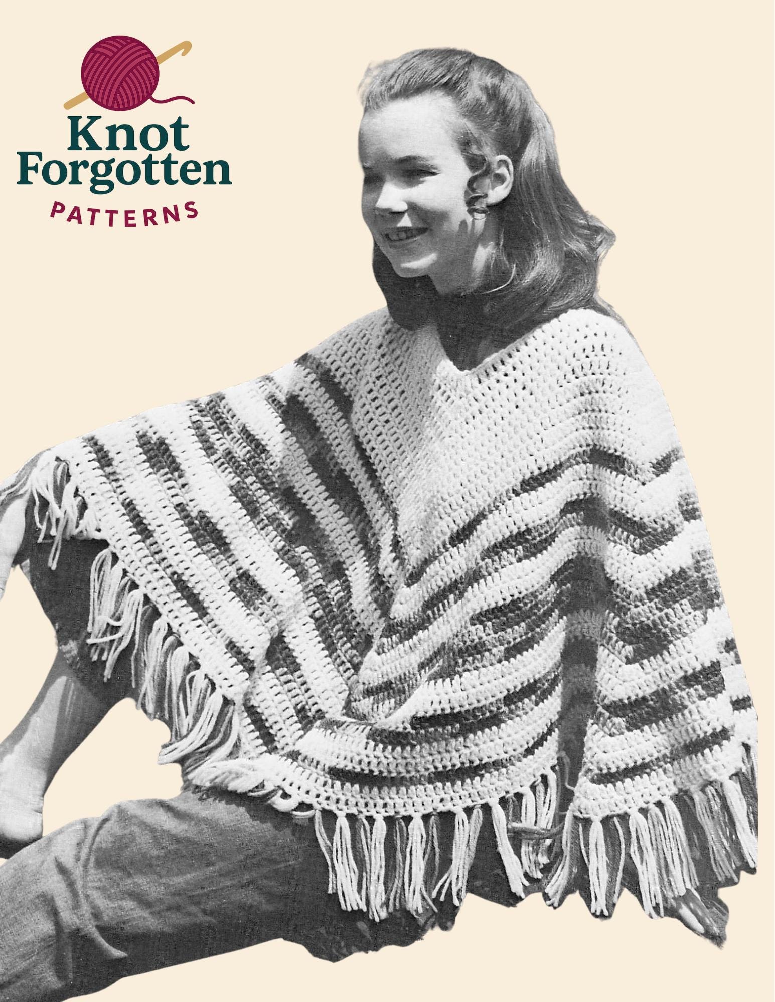 Vintage Striped Poncho Crochet Pattern – 70s Boho Fringe PDF Download