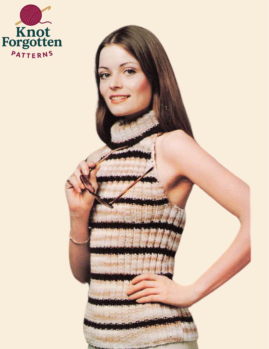 Vintage 70s Halter Turtleneck Knit Top Pattern | Sleeveless Striped ...