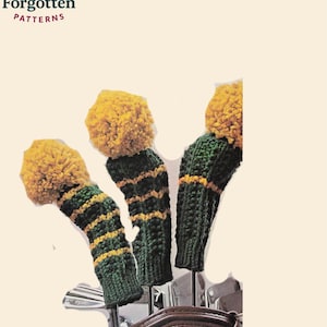 May include: Hand-knitted golf club covers in green and yellow stripes, topped with fluffy yellow pom-poms. The covers are in a brown golf bag. The image includes the text "Knot Forgotten PATTERNS".