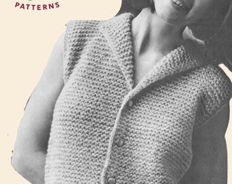 May include: A vintage, sleeveless knitted cardigan with a collar and button closure. The image features the text "Knot Forgotten PATTERNS" with a yarn ball and crochet hook logo. The cardigan is a light color and appears to be handmade.
