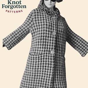 May include: A vintage houndstooth pattern coat with large buttons and a decorative collar. The coat is knee-length and has long sleeves. The image includes the text "Knot Forgotten PATTERNS" with a yarn ball and crochet hook logo.