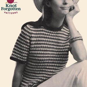 May include: A monochrome image of a striped short-sleeved top with a round neck. The image also features a straw hat and the text "Knot Forgotten Patterns" in the upper left corner.