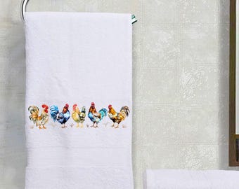 Rooster Line up Decorative Terry Cloth Cotton Hand Towel