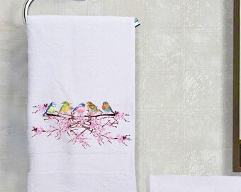 Birds on Blossom Tree Decorative Terry Cloth Cotton Hand Towel