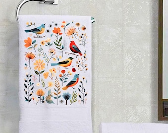 Bird & Flowers Collage Decorative Terry Cloth Cotton Hand Towel