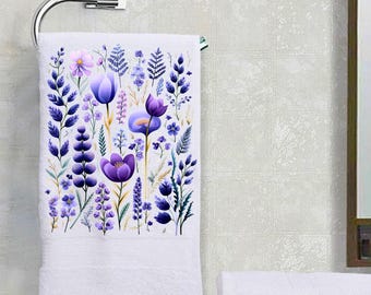 Purple Botanical Flowers Decorative Terry Cloth Cotton Hand Towel