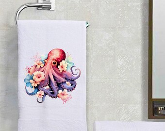 Octopus & Flowers Nautical Design Decorative Terry Cloth Cotton Hand Towel