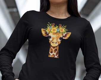 Majestic Giraffe & Flowers Design Comfort Soft Long Sleeve T-shirt