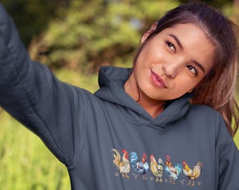 Rooster Line up Country Design Comfort Soft Cotton Hoodie