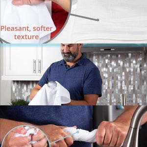 May include: White kitchen towels are shown in use, with close-ups highlighting their texture and absorbency. The image includes text that reads "Pleasant, softer texture" and "Dry twice as much kitchenware in half the time with our super-absorbent, lint-free towels."
