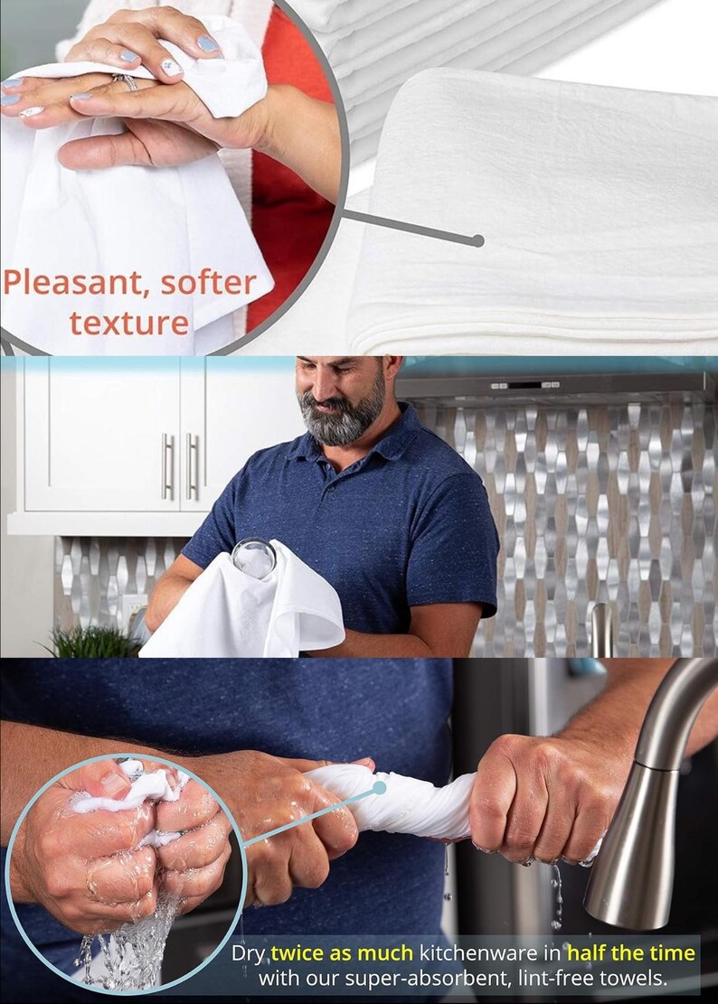 May include: White kitchen towels are shown in use, with close-ups highlighting their texture and absorbency. The image includes text that reads "Pleasant, softer texture" and "Dry twice as much kitchenware in half the time with our super-absorbent, lint-free towels."