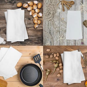 May include: Four-panel image featuring white folded napkins with various kitchen and dining elements. Includes eggs, flour, cooking utensils, a frying pan, nuts, and citrus fruits, suggesting a culinary or home decor theme.
