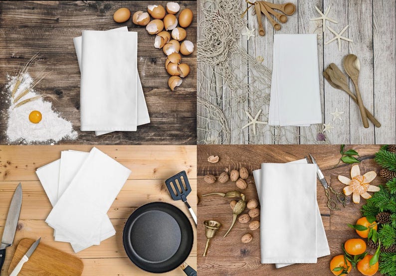 May include: Four-panel image featuring white folded napkins with various kitchen and dining elements. Includes eggs, flour, cooking utensils, a frying pan, nuts, and citrus fruits, suggesting a culinary or home decor theme.