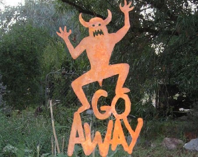 Go Away Metal Yard or Garden Stick Sign Halloween Monster - Free Shipping to US