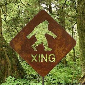 Bigfoot Crossing Whimsical Garden Art - Sasquatch Rustic Metal Sign - Free Shipping to US