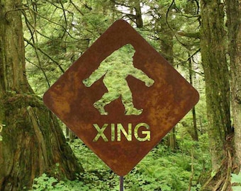 Bigfoot Crossing Whimsical Garden Art - Sasquatch Rustic Metal Sign - Free Shipping to US