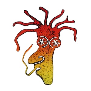 May include: A stylized illustration of a creature with a red and yellow gradient color scheme. The creature has multiple tentacle-like appendages, two circular eyes with white symbols, and a long, curved nose. The background is white.