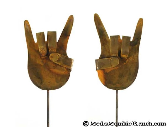 Rock On Hands Metal Yard or Garden Stake Signs (set of 2) - Free Shipping to US