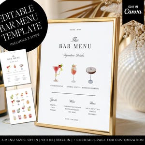 Bearbeitbare Bar-Menü-Vorlage - Hochzeit Getränkeschild - Druckbare Cocktailkarte - Barschild - Canva-Menü für Veranstaltungen, Geburtstag, Abschlussfeier