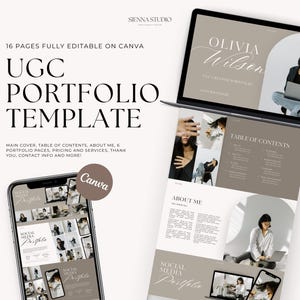 May include: A digital template for a social media portfolio, featuring a laptop screen with the text "Olivia Wilson UGC Creator Portfolio" and a table of contents. The template includes a main cover, table of contents, about me, six portfolio pages, pricing and services, thank you, contact info, and more. The template is fully editable on Canva.