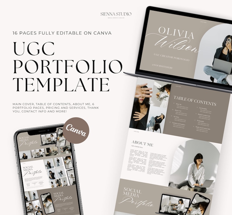 May include: A digital template for a social media portfolio, featuring a laptop screen with the text "Olivia Wilson UGC Creator Portfolio" and a table of contents. The template includes a main cover, table of contents, about me, six portfolio pages, pricing and services, thank you, contact info, and more. The template is fully editable on Canva.