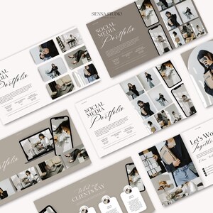 May include: A social media portfolio showcasing a variety of images, including a woman holding a stack of books, a woman sitting at a desk, and a woman standing in front of a window. The portfolio also includes a section for client testimonials and a call to action to work together.