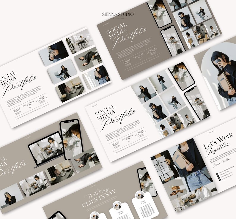 May include: A social media portfolio showcasing a variety of images, including a woman holding a stack of books, a woman sitting at a desk, and a woman standing in front of a window. The portfolio also includes a section for client testimonials and a call to action to work together.