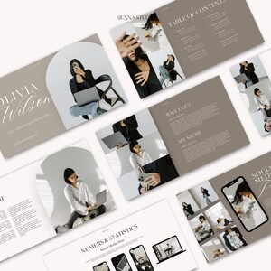 May include: A digital marketing portfolio with a light brown background and a white border. The portfolio features a photo of a woman with a laptop and a phone. The text "Olivia Wilson" is written in a cursive font at the top of the page. The text "UGC Creator Portfolio" is written below the woman's photo. The text "Why UGC?" and "My Niche" are written in a bold font on the right side of the page.