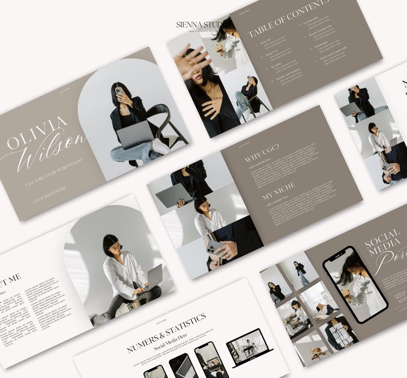 May include: A digital marketing portfolio with a light brown background and a white border. The portfolio features a photo of a woman with a laptop and a phone. The text "Olivia Wilson" is written in a cursive font at the top of the page. The text "UGC Creator Portfolio" is written below the woman's photo. The text "Why UGC?" and "My Niche" are written in a bold font on the right side of the page.
