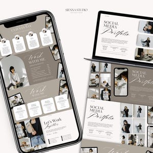 May include: A phone screen mockup showcasing a social media portfolio for a business called Sienna Studio. The screen displays a collage of images, text, and a call to action to "Let's Work Together".