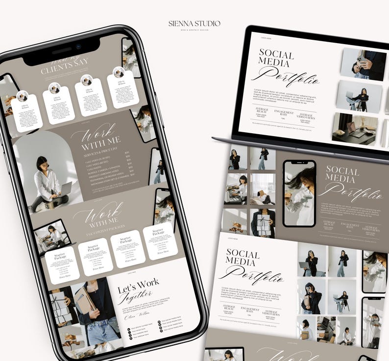 May include: A phone screen mockup showcasing a social media portfolio for a business called Sienna Studio. The screen displays a collage of images, text, and a call to action to "Let's Work Together".