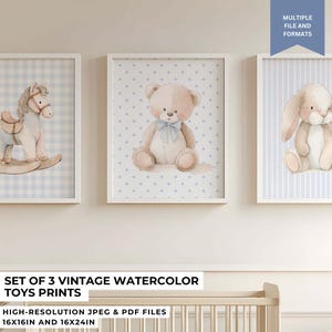 Decorazioni da parete con giocattoli vintage ad acquerello - Stampe per cameretta con orsacchiotto, coniglietto e cavallo a dondolo - Set di 3 decorazioni per la cameretta - Download immediato stampabile