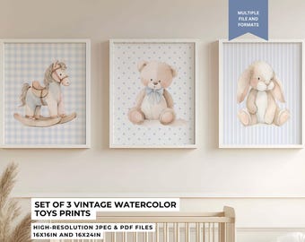 PINK Vintage Watercolor Nursery Prints: Teddy Bear, Bunny, Rocking Horse (Digital Download)