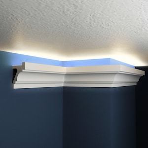 LED Crown Molding for Ceiling – Indirect Light Coving Trim, White Polymer Cornice, Each Piece 7ft / 240cm – Modern Accent Decor