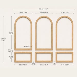 Op de afbeelding: Drie lichtgekleurde houten boogframes en drie rechthoekige basisframes met gedetailleerde afmetingen in centimeters en inches. De totale breedte is 240 cm, met individuele boogbreedtes van 70 cm en hoogtes van 141 cm.