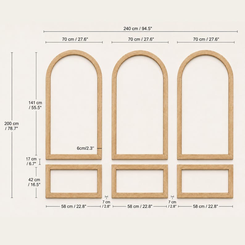 Op de afbeelding: Drie lichtgekleurde houten boogframes en drie rechthoekige basisframes met gedetailleerde afmetingen in centimeters en inches. De totale breedte is 240 cm, met individuele boogbreedtes van 70 cm en hoogtes van 141 cm.