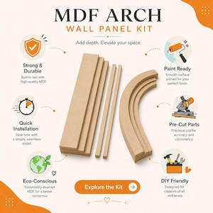 Op de afbeelding: MDF boog wandpaneelset met rechte en gebogen lichtbruine houten onderdelen. De afbeelding bevat de tekst: MDF ARCH WALL PANEL KIT, Add depth. Elevate your space., Strong & Durable, Paint Ready, Quick Installation, Pre-Cut Parts, Eco-Conscious, DIY Friendly en Explore the Kit.