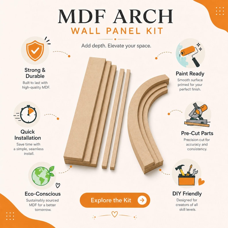 Op de afbeelding: MDF boog wandpaneelset met rechte en gebogen lichtbruine houten onderdelen. De afbeelding bevat de tekst: MDF ARCH WALL PANEL KIT, Add depth. Elevate your space., Strong & Durable, Paint Ready, Quick Installation, Pre-Cut Parts, Eco-Conscious, DIY Friendly en Explore the Kit.