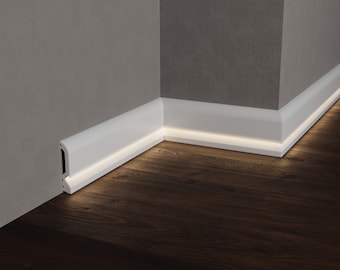 4'' LED Baseboard Molding, White Skirting Boards Durable Waterproof Polimer Floor Moulding, Wall Accent Trim Design Each is W7'/240cm