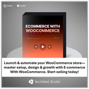 Peut inclure: Une boîte noire avec le texte "ECOMMERCE WITH WOOCOMMERCE" sur une surface blanche. La boîte a un fond dégradé orange et rouge avec des commandes audio. En dessous, le texte indique "Lancez et automatisez votre boutique WooCommerce - configuration principale, conception et croissance avec E-commerce With WooCommerce. Commencez à vendre aujourd'hui !"