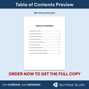 K&ouml;nnte beinhalten: Vorschau eines Dokuments mit dem Titel "Inhaltsverzeichnis" und dem Text "400+ Startup-Prompts". Das Inhaltsverzeichnis listet Themen wie "Analyse der Markenidentit&auml;t", "Produktmarktanpassung" und "Verkaufsleistung" auf. Der Text "Bestellen Sie jetzt, um die vollst&auml;ndige Kopie zu erhalten" ist ebenfalls sichtbar.