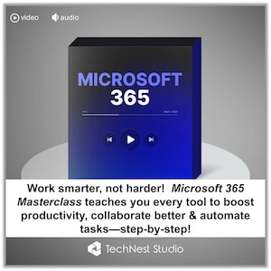 Puede incluir: Una caja de producto con el texto "MICROSOFT 365" en blanco y azul. La caja tiene un fondo azul degradado y una parte superior negra. La imagen también incluye el texto "Work smarter, not harder! Microsoft 365 Masterclass teaches you every tool to boost productivity, collaborate better & automate tasks—step-by-step!" y el logotipo de TechNest Studio.